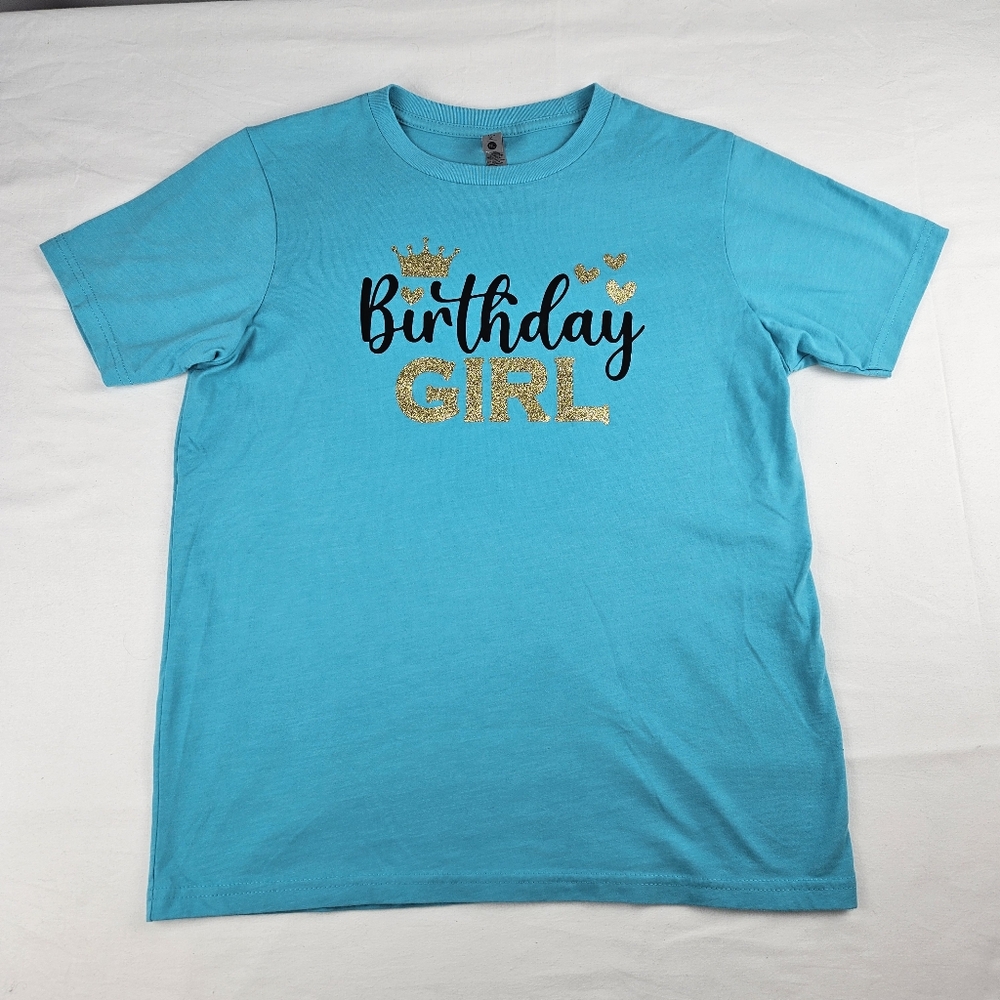 Birthday Girl Kids T-Shirt Blue Teal Gold Sparkle XL 14/16